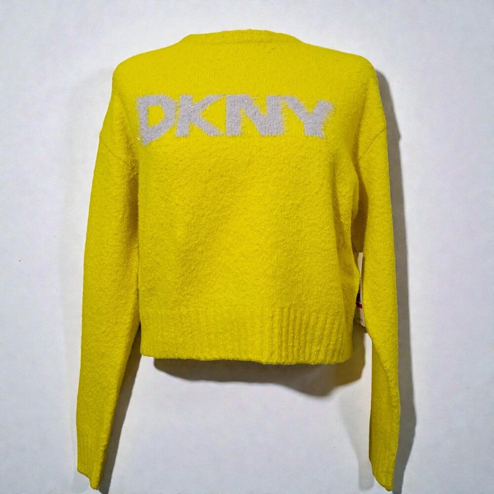 DKNY Yellow & White Women’s X-Small (0-2) Logo Crew Neck Jeans Sweater NWT